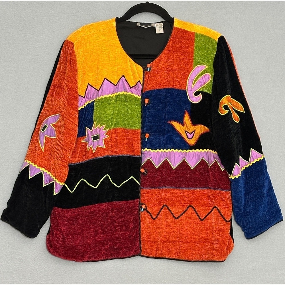 Colorful Art to Wear Womens Jacket Plus 1X Velvet Patchwork Abstract Maximalist
